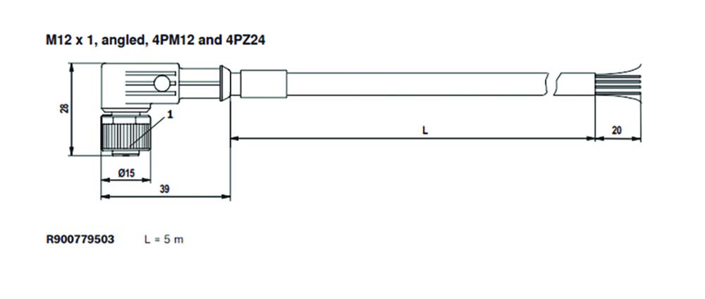 Other view of Bosch Rexroth M12 ABGEWINKELT R900779503 - Plug-In Connector - 4P - 5 Metre Cable