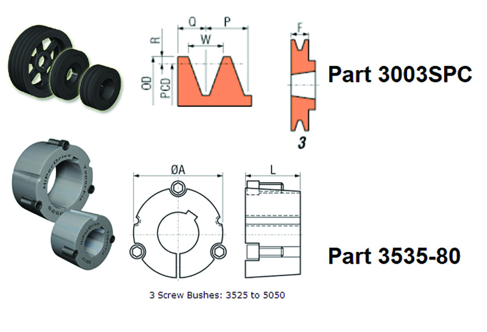 Other view of Hallite 01695397+01695414 Transeals 3003SPC/3535-80 - Kit Part - Pulley 3535 SPC 300 X 3 Taperfix + Bush Taperfix - 3535 X 80mm