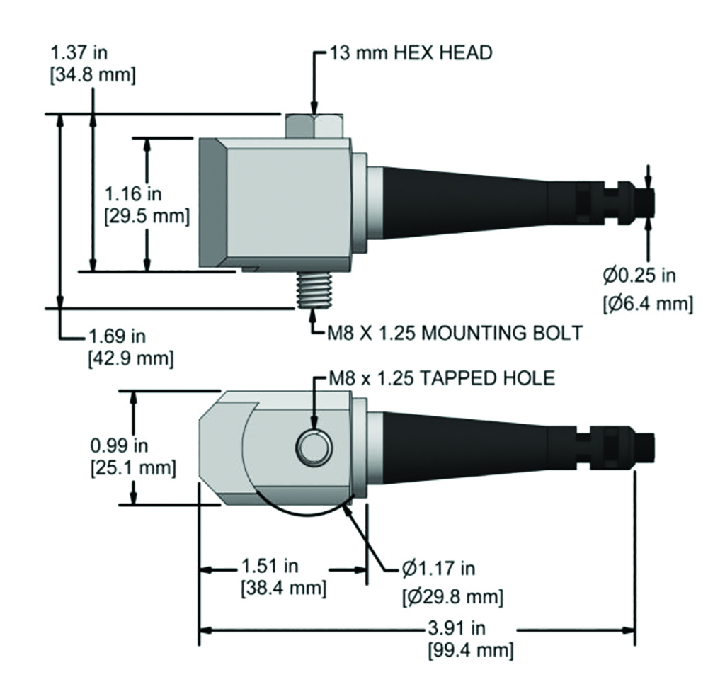 Other view of CTC AC184-2C/050-L Multi-Purpose Accelerometer - M8 Captive Bolt - Side Exit Integral Connector/Cable - 100 mV/g - 50 feet