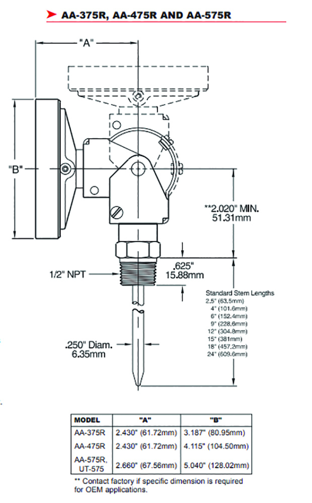 Other view of TEL-TRU AA-575R-100-300 Thermometer - Stem 12"/304.8mm - 1/2inch NPT - 0/100°C