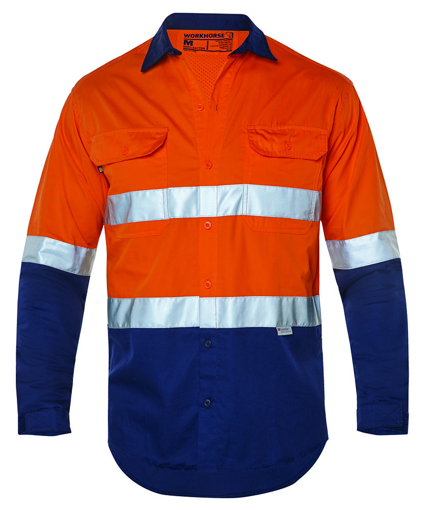 Other view of Workhorse MSH177 Mens Two-Tone High Visibility Long Sleeve Vented Shirt With Gusset Cuff - Cotton - Orange/Navy - Small