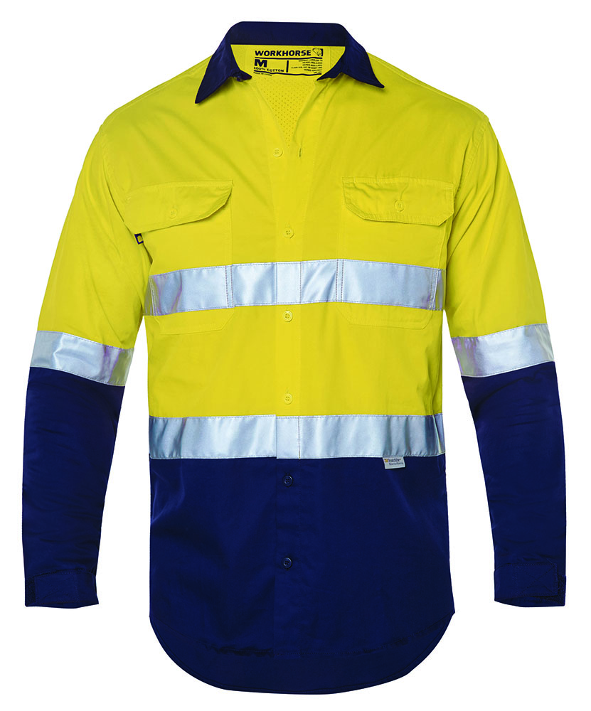 Other view of Workhorse MSH177 Mens Two-Tone High Visibility Long Sleeve Vented Shirt With Gusset Cuff - Cotton - Yellow/Navy - Large